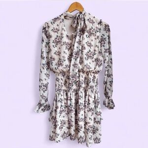 Coastal Cowgirl Tiered Mini Dress Sz XS Ivory Swiss Dot Smock Waist Floral Print